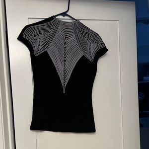 Gracia Black Short-Sleeve Top with White Beaded Yoke